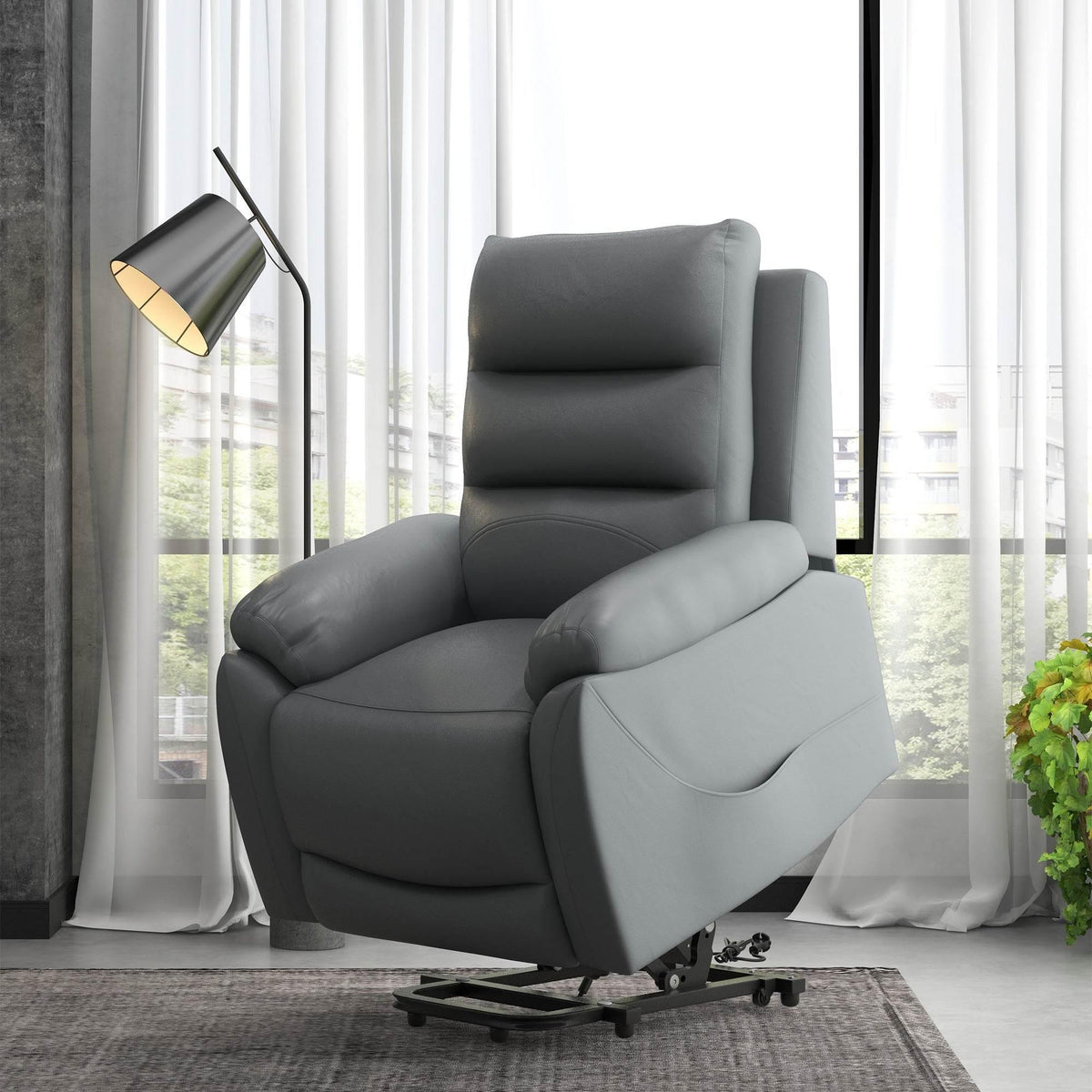 Gray faux-leather power lift recliner chair with padded arms, footrest, and side pocket