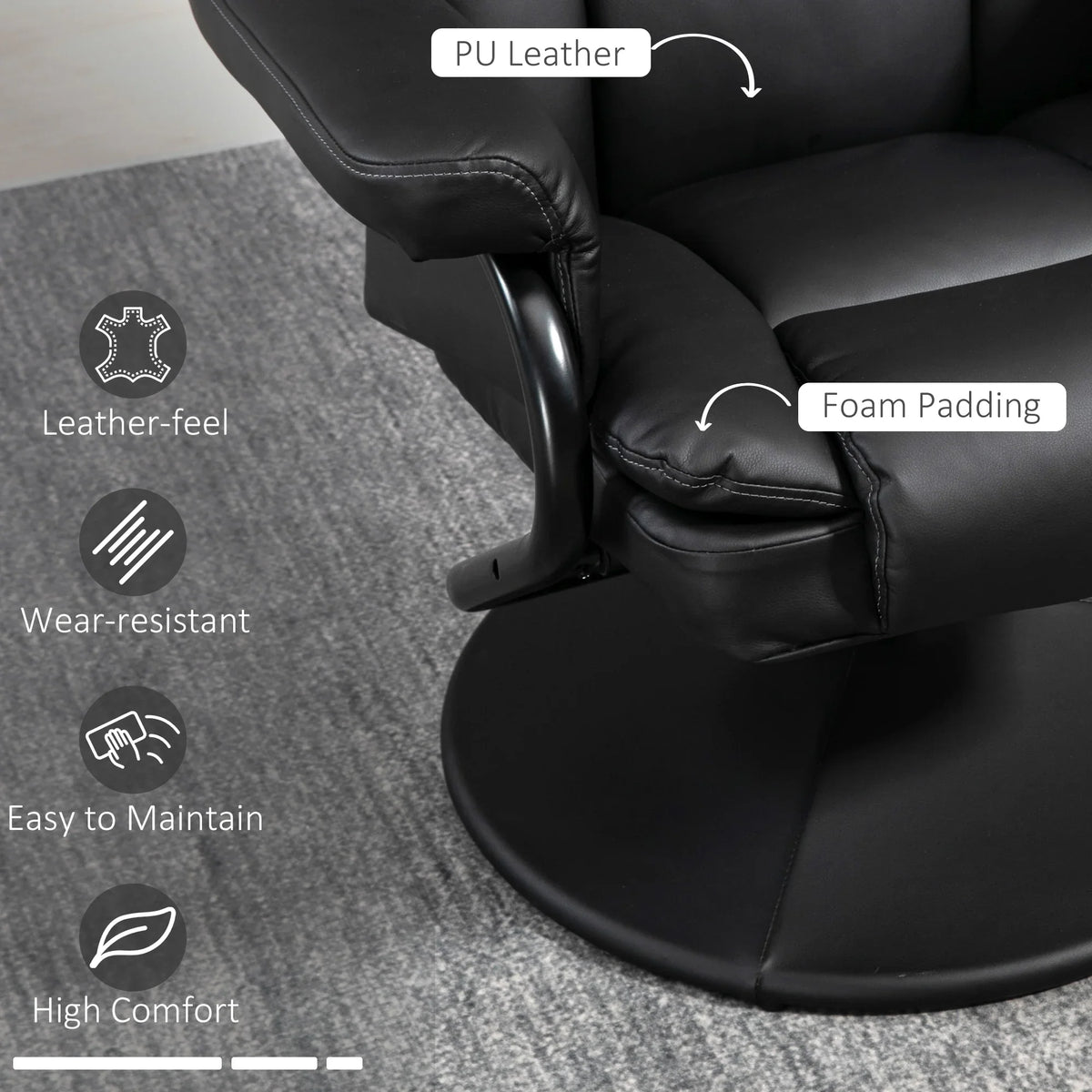 Black PU leather recliner chair with curved armrest and foam-padded seat