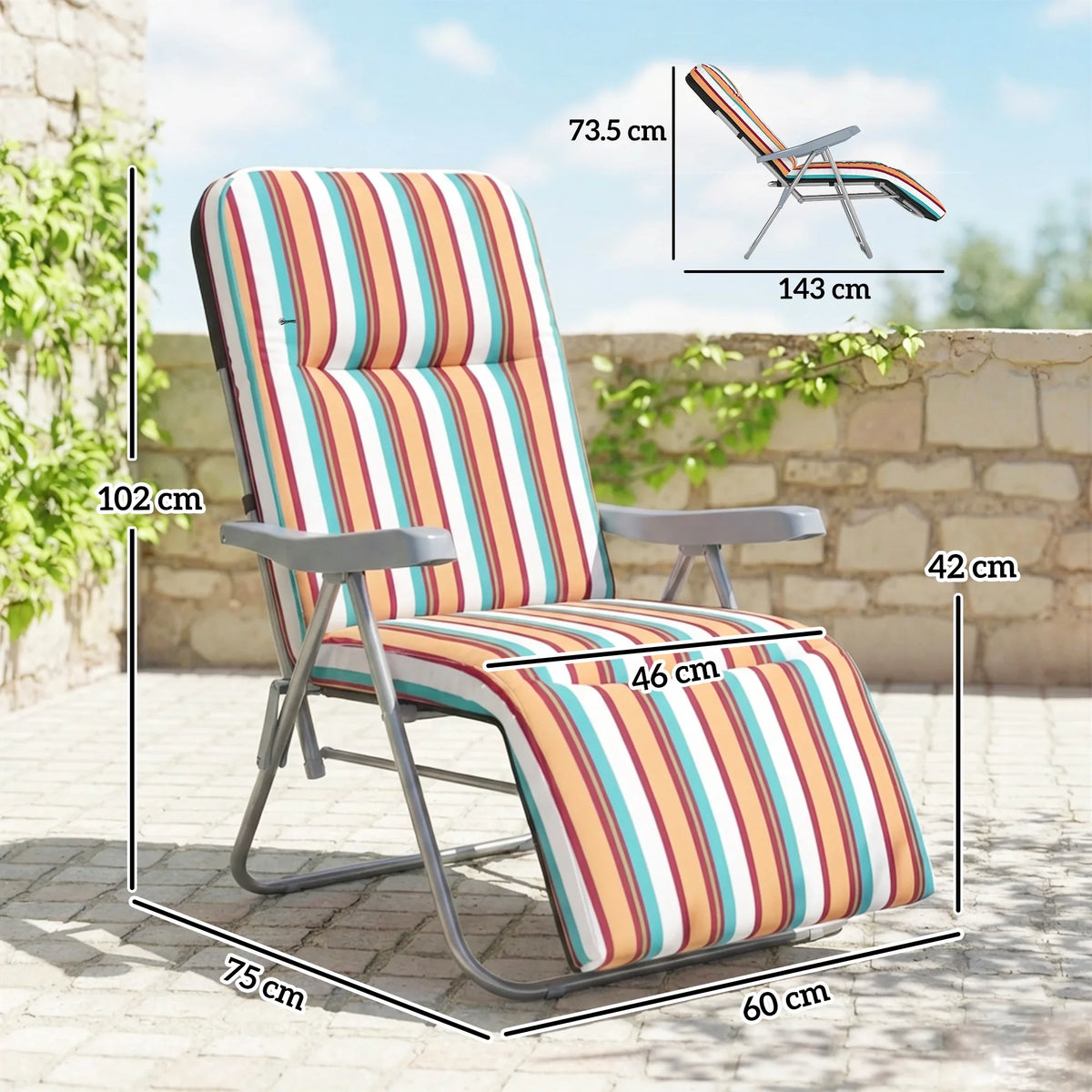 Set of 2 striped patio sun loungers, foldable design with adjustable recline backrest