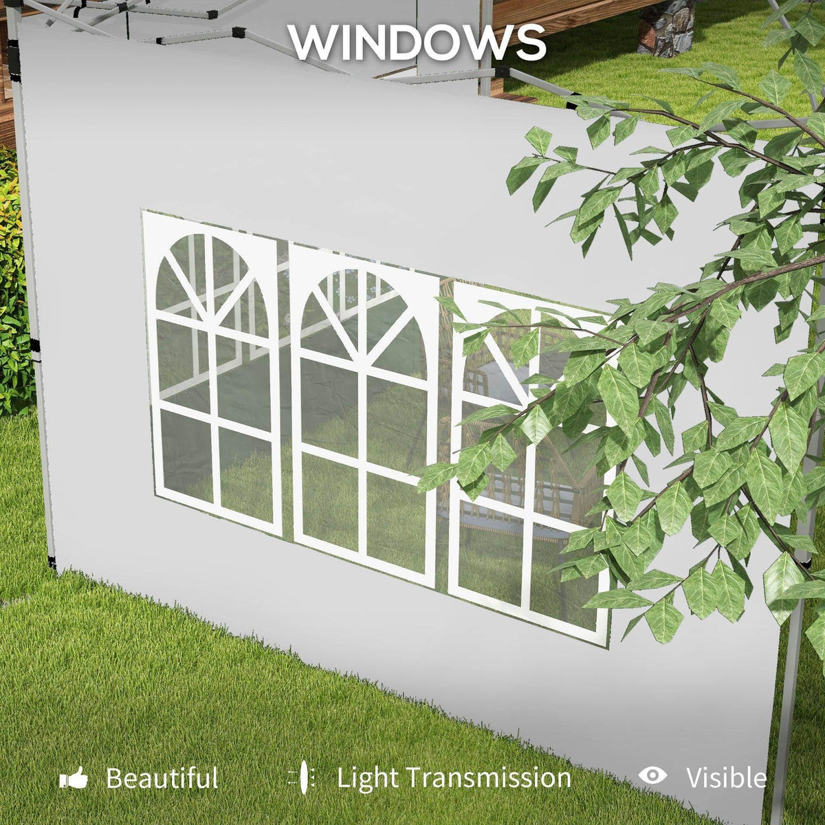White gazebo side panel with arched window panels and light-transmission design