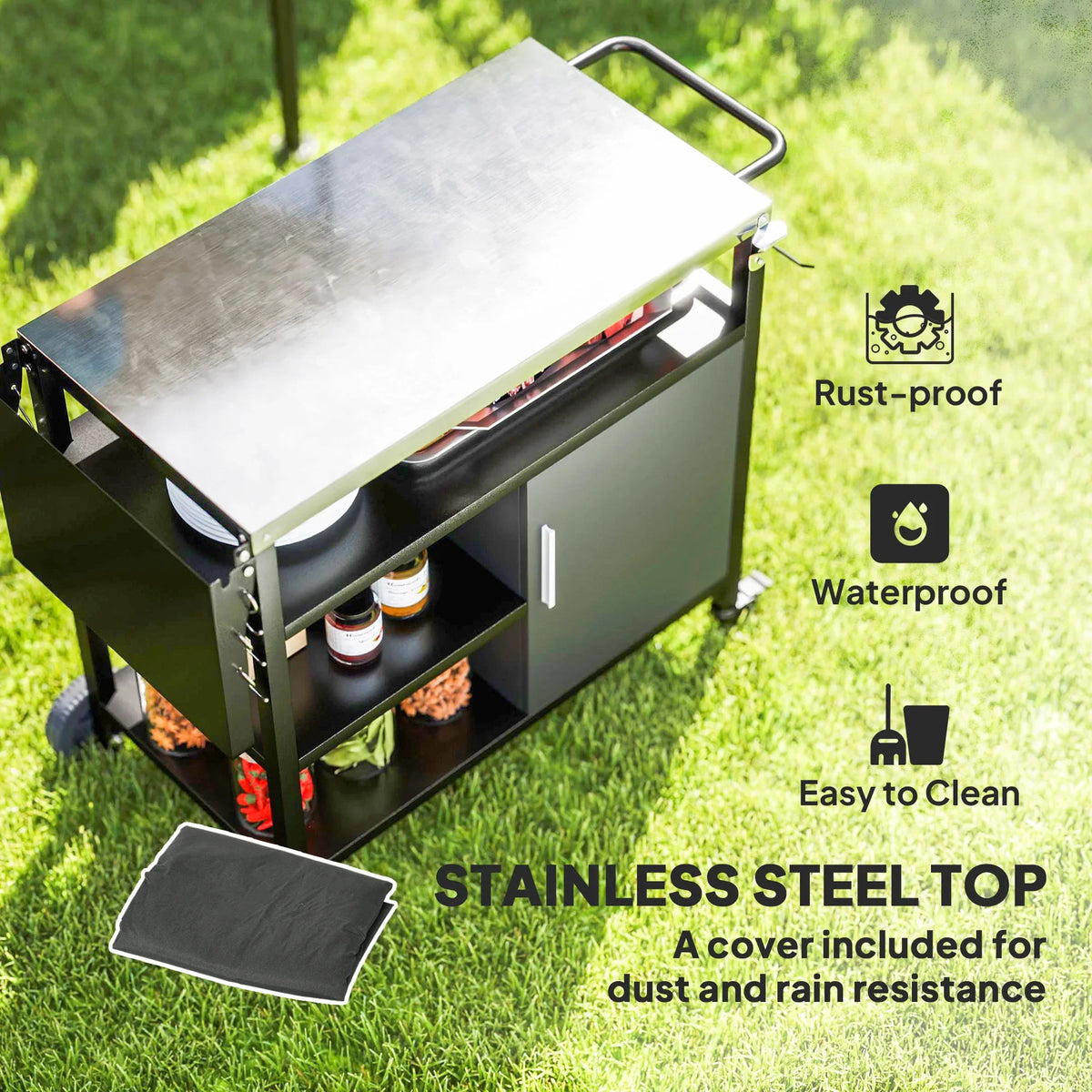 Stainless steel top BBQ cart with side shelves and protective cover.