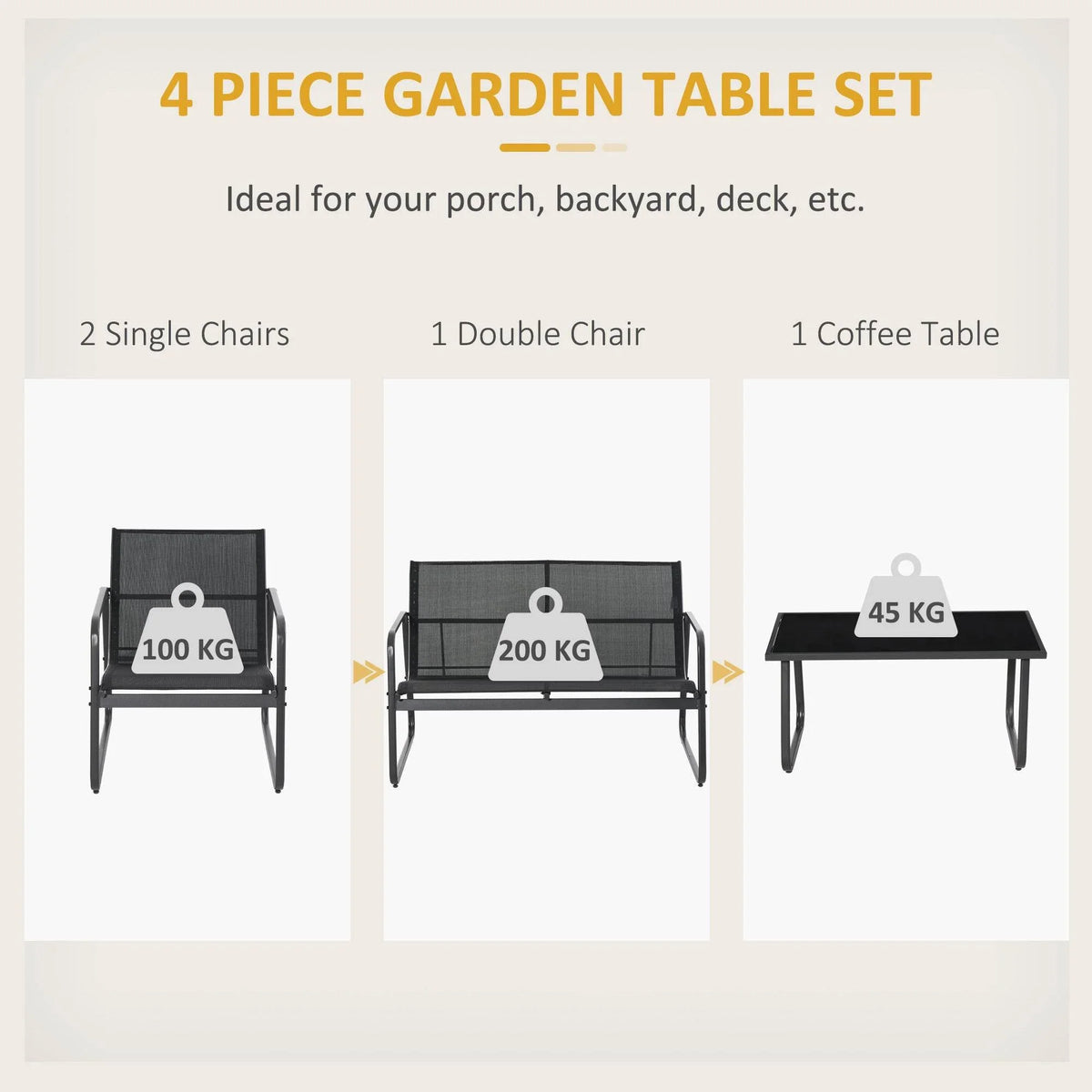 Garden furniture set layout with two single chairs, a double chair, and glass coffee table