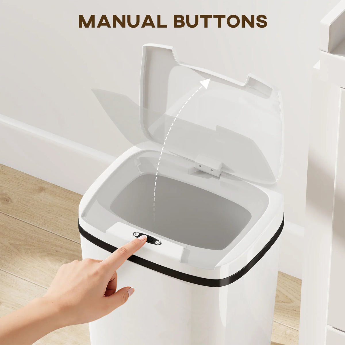 White touchless sensor kitchen bin top view with manual buttons on inner lid