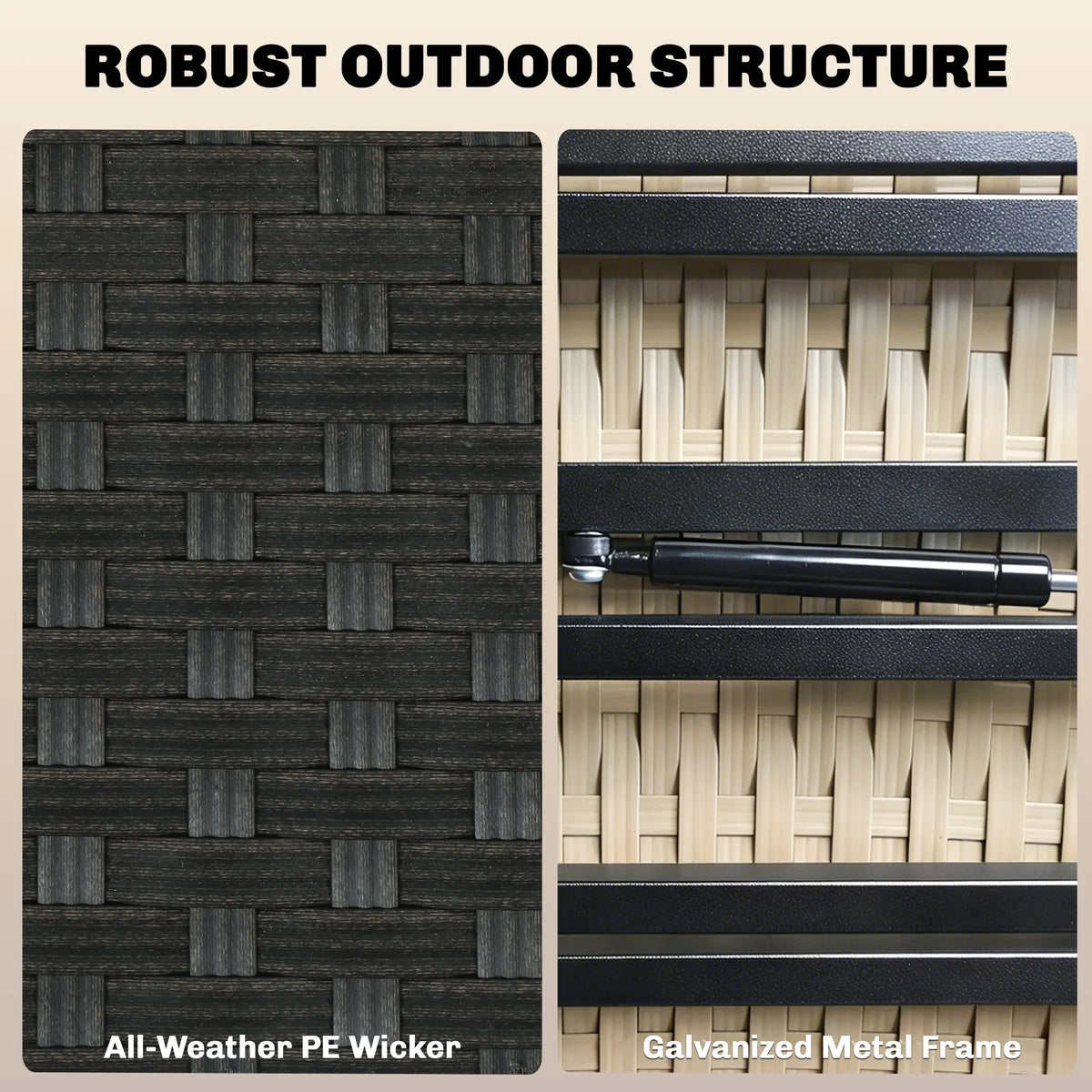 All-weather PE wicker panel with galvanized metal frame detail in dark finish