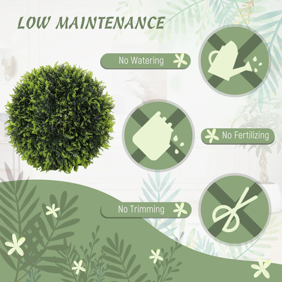 Green artificial topiary ball in pot with low-maintenance design