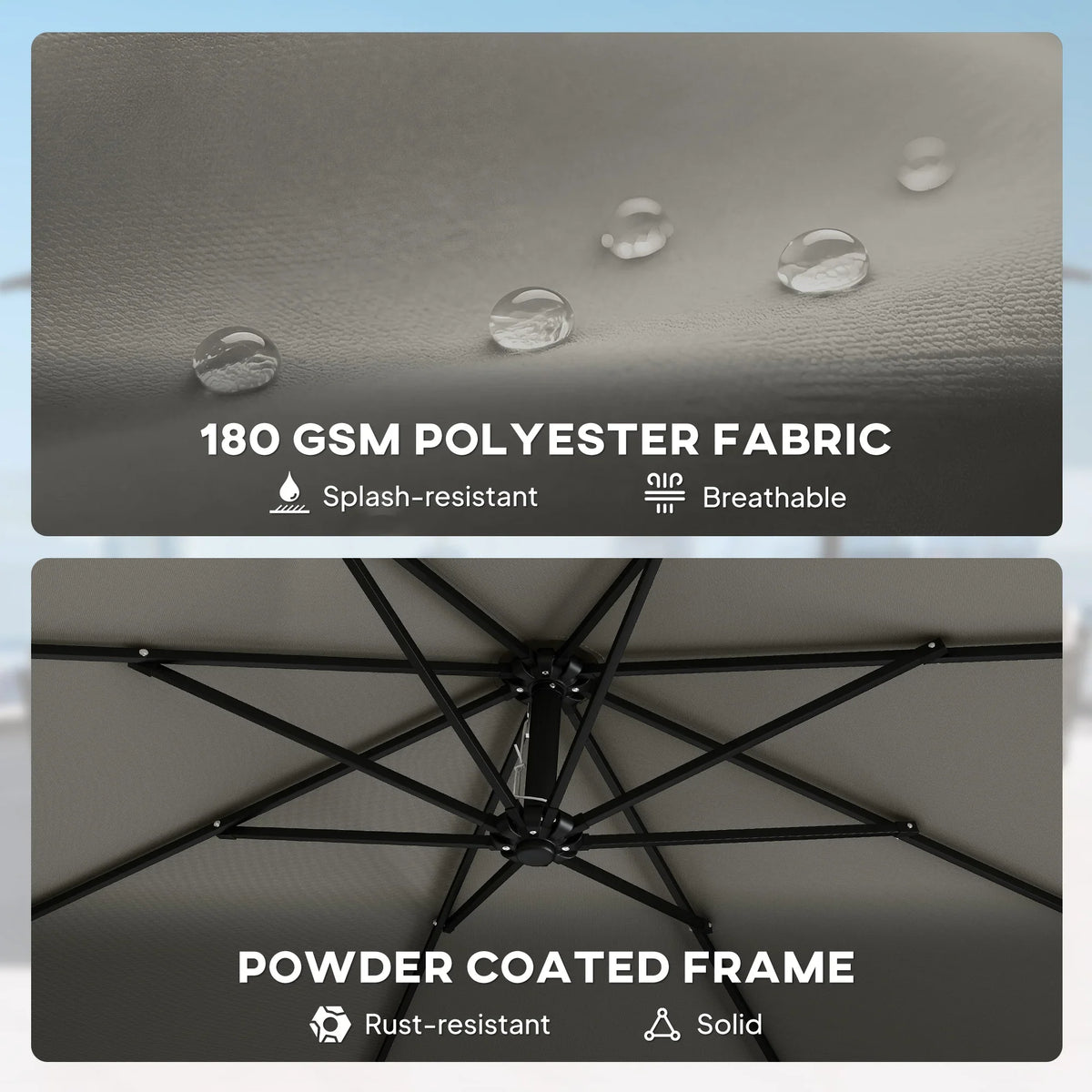 Grey polyester parasol canopy with inner metal cross brace support frame