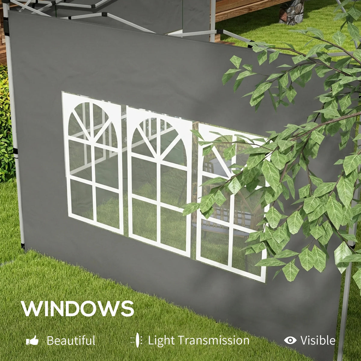 Dark grey side panel with white window grid design, light-transmission window view
