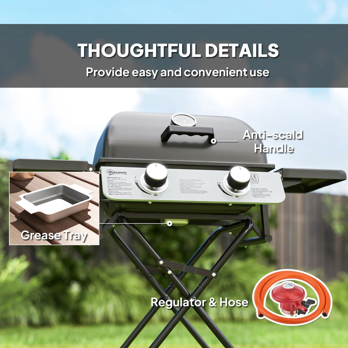 Black two-burner gas grill with anti-scald handle, control knobs, and grease tray view