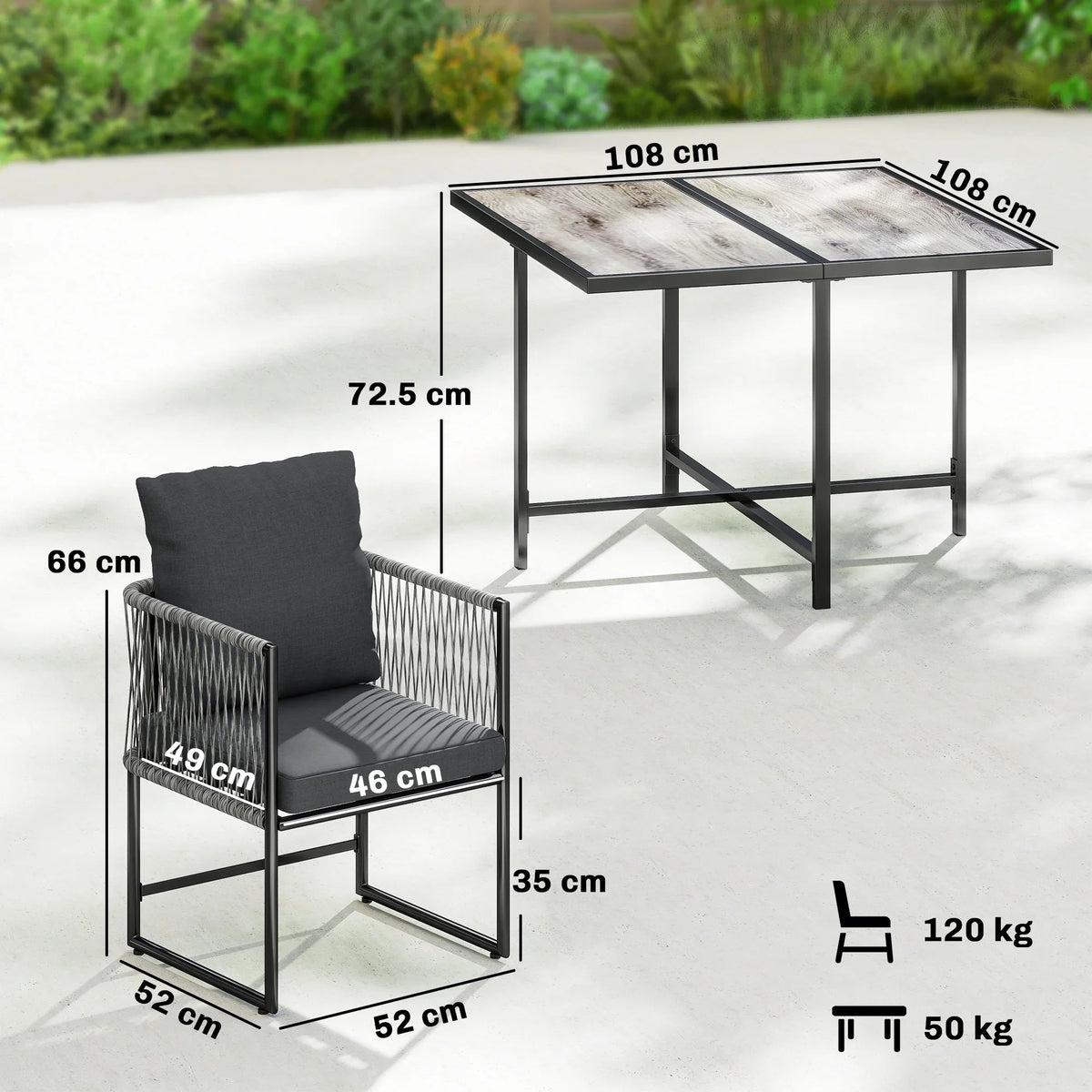 Outdoor dining set dimensions: black table and one dark gray cushioned rattan-style chair