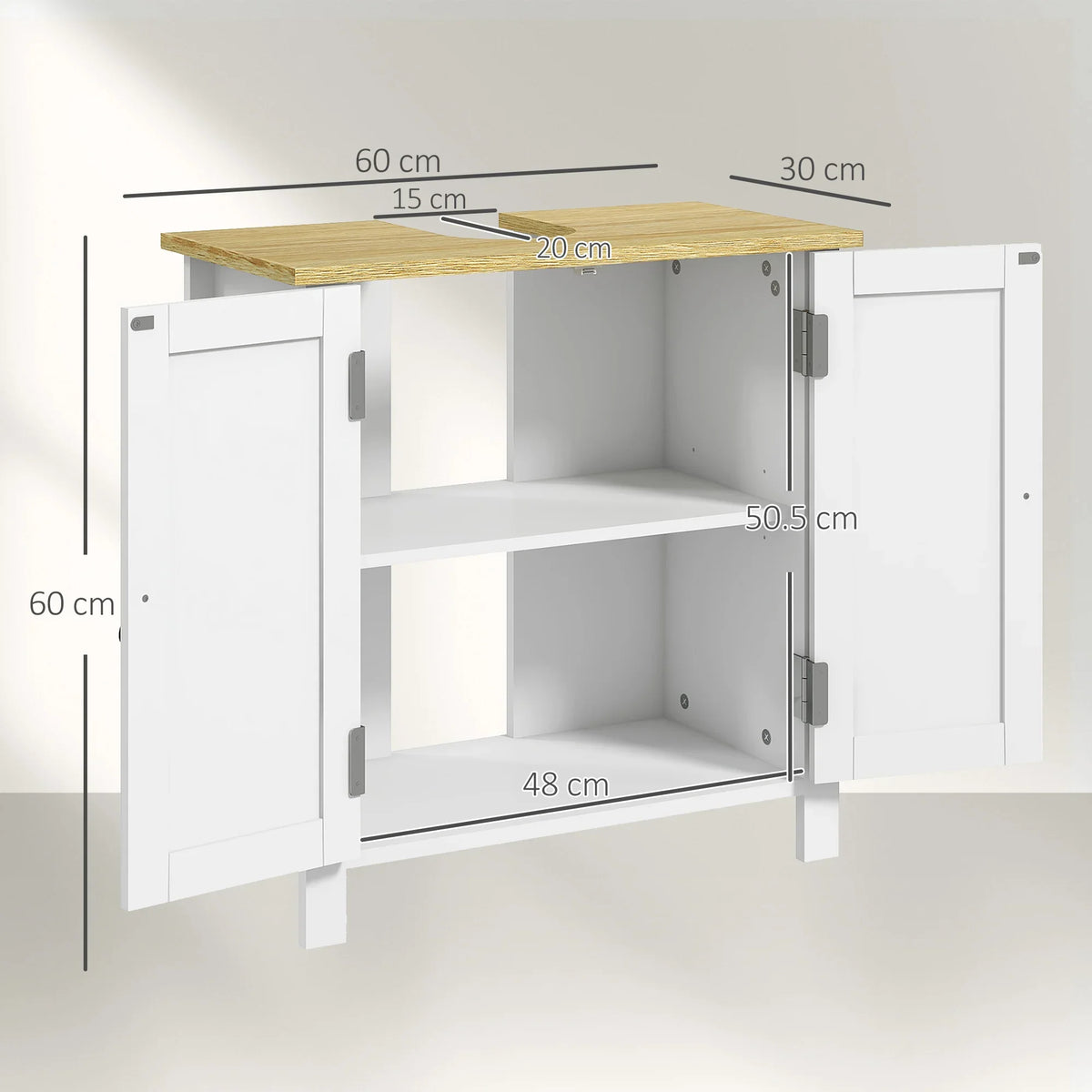 White under sink cabinet with wide base doors and open interior shelving, wood-look top