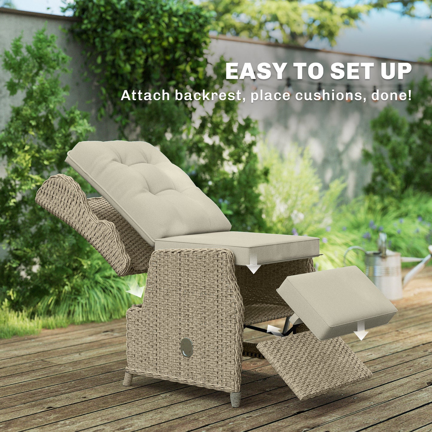 Outsunny Rattan Garden Recliner Chair With Adjustable Back And Footrest Flip Table And Cushion Brown