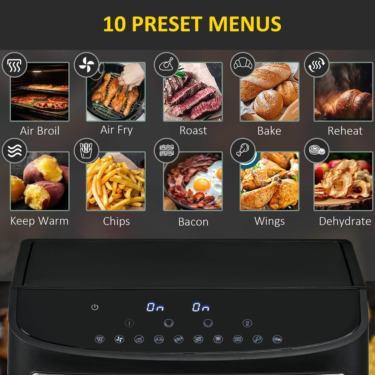 Dual-zone air fryer top with digital display and preset-function icons on control panel