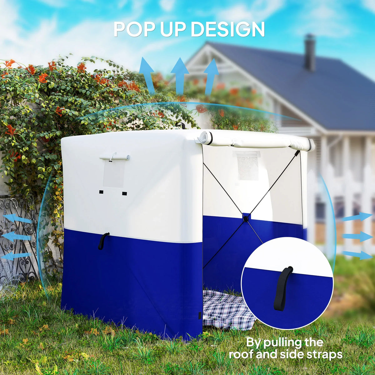 Pop-up gazebo with white and dark blue fabric walls and cross braces, front side view
