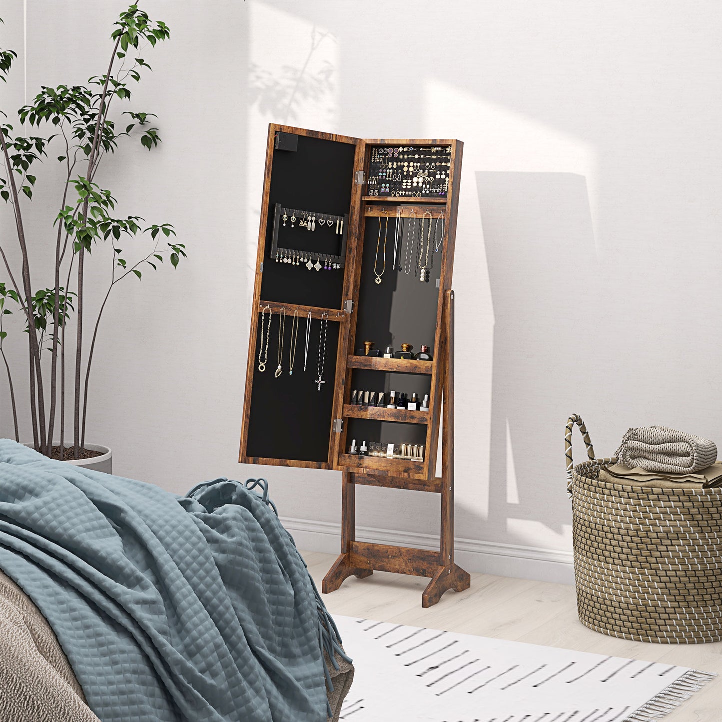 HOMCOM Freestanding Mirrored Jewellery Storage Cabinet Wood Effect With Longline Mirror And 16 LED Lights