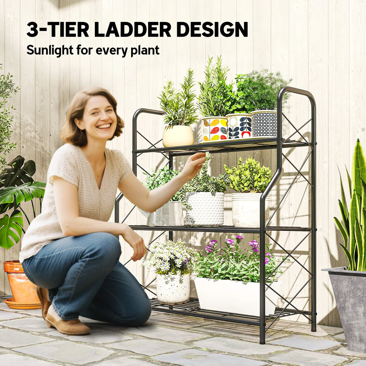 3-tier ladder metal plant stand with curved handles and three wire shelves