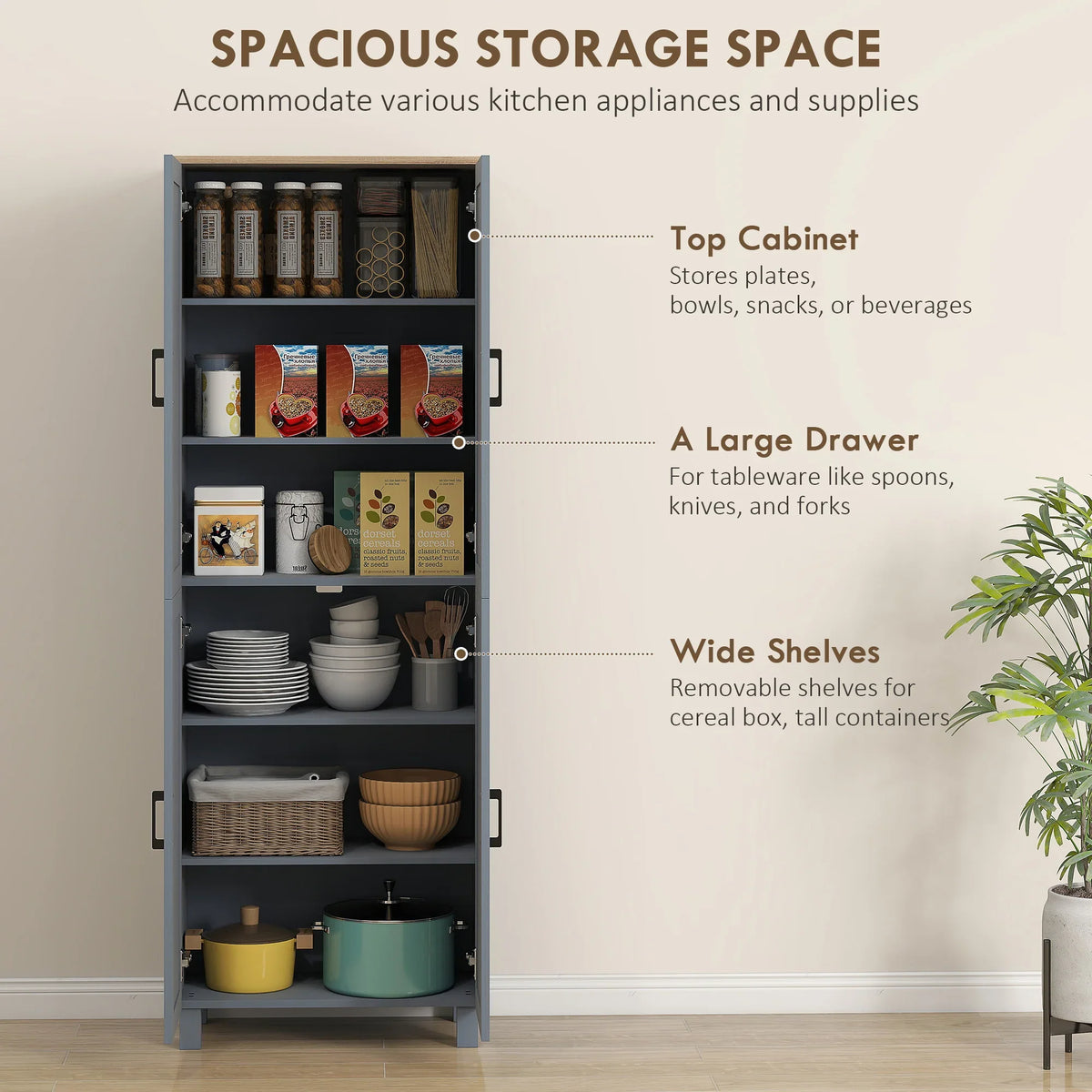 Grey kitchen storage cupboard with top cabinet area, drawer, and multiple wide shelves open