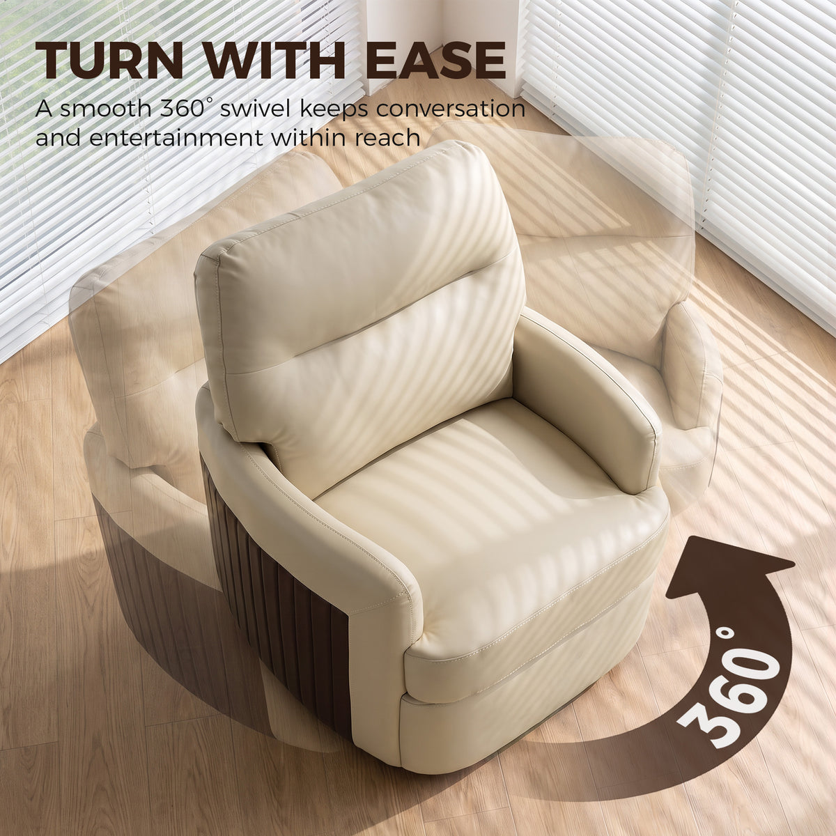 Cream faux leather swivel accent chair with thick cushioned seat and rounded arms