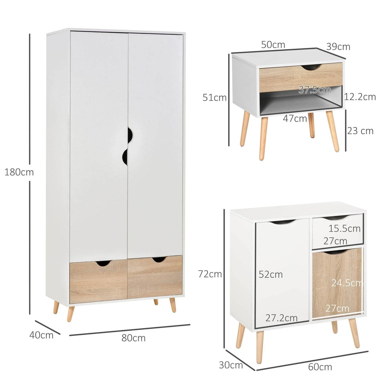 White wardrobe cabinet with wood bottom panels and tapered legs; side table shown with it