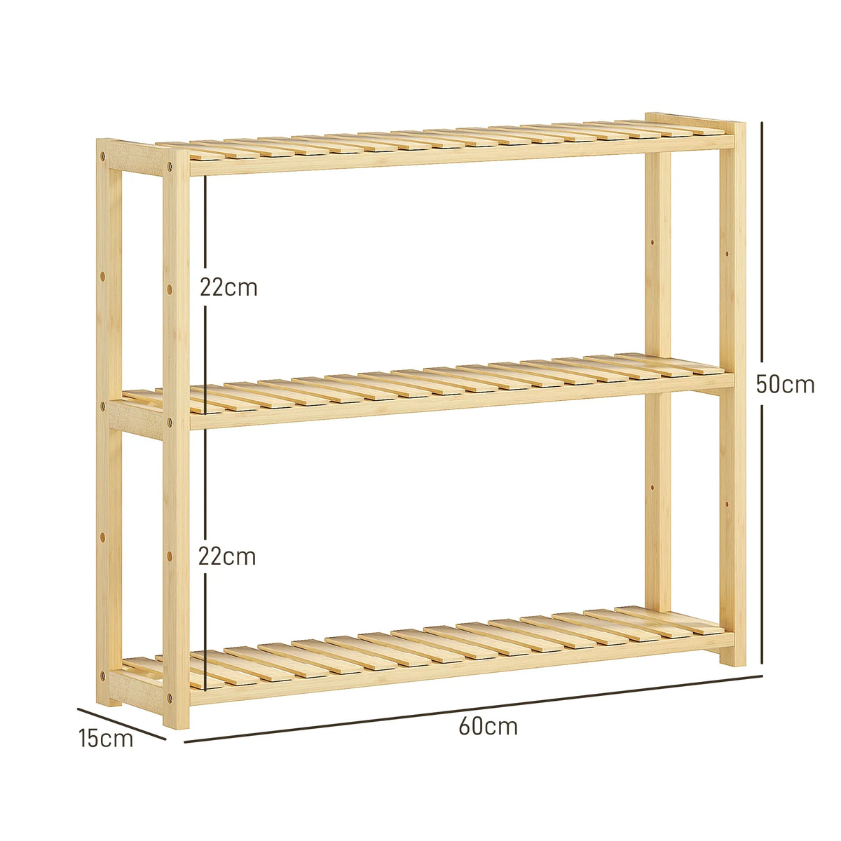 Bamboo three-tier shelf rack with slatted tiers, 60cm wide and 50cm high frame