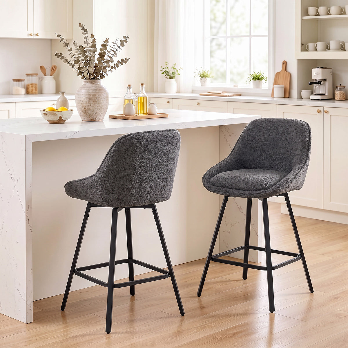 Dark grey counter-height swivel bar stool set of 2, upholstered seat with black legs