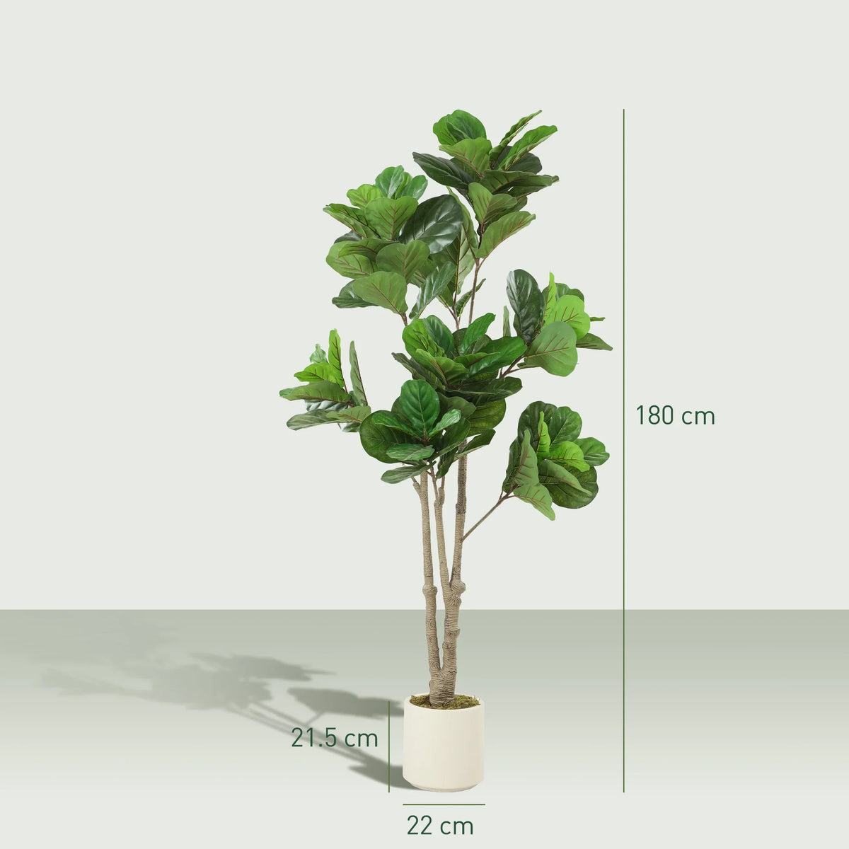 Artificial fiddle-leaf fig tree with green leaves, textured trunk, and white planter; 180 cm tall