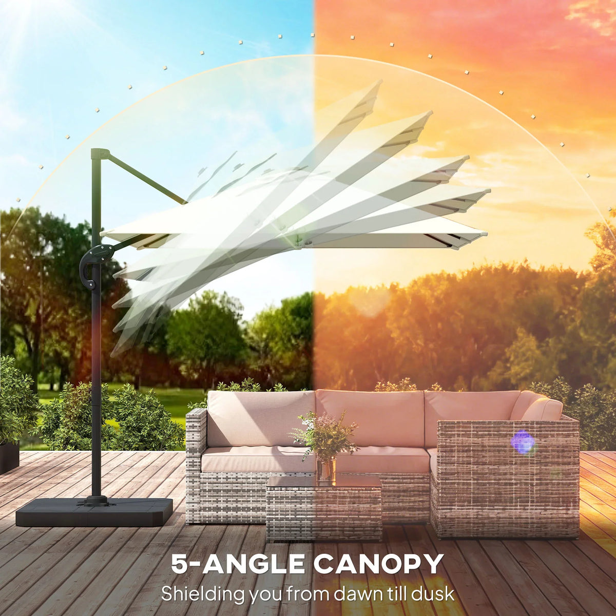 Cream cantilever parasol with extended five-level canopy over outdoor sofa on deck