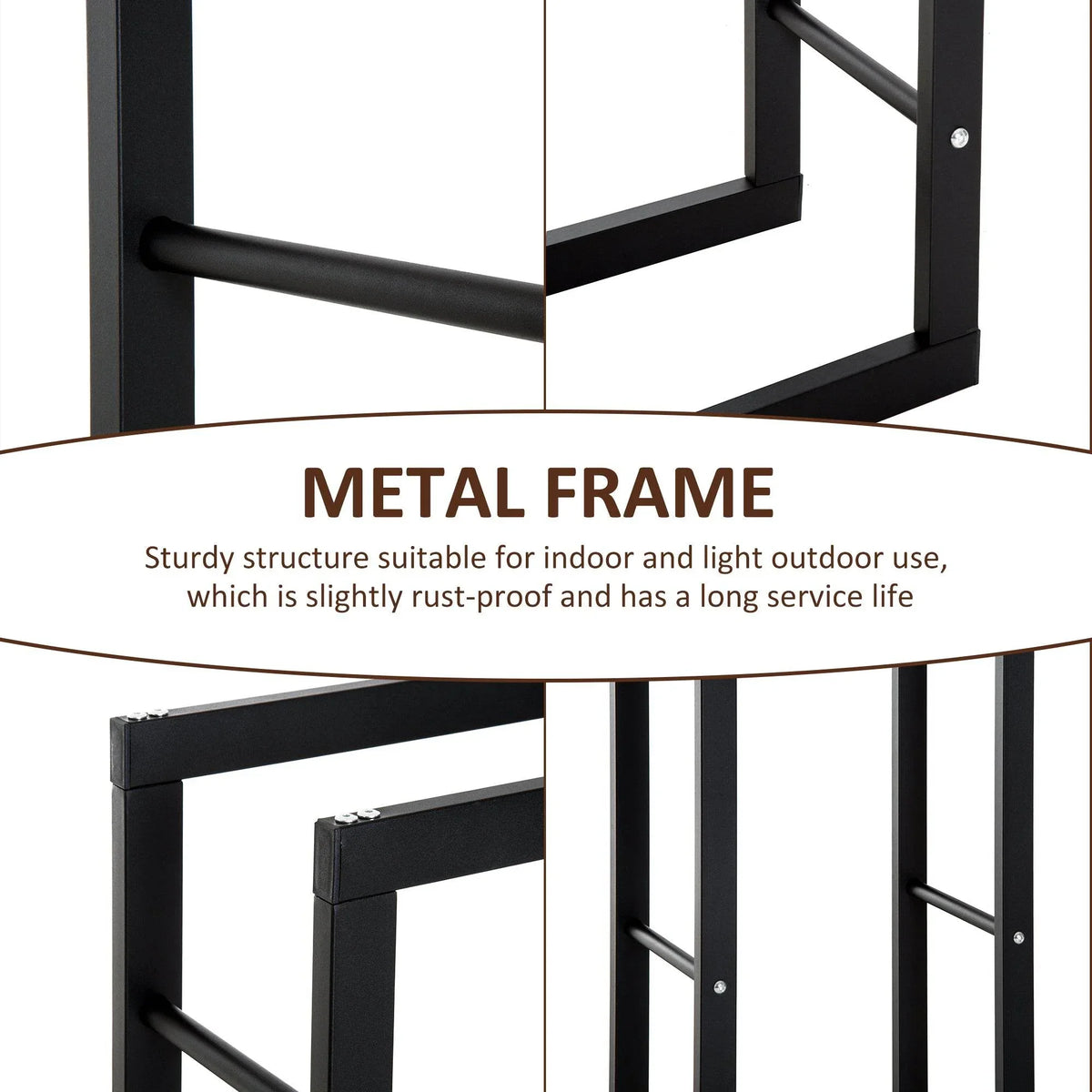 Black metal firewood log holder rack frame with thick horizontal and vertical bars