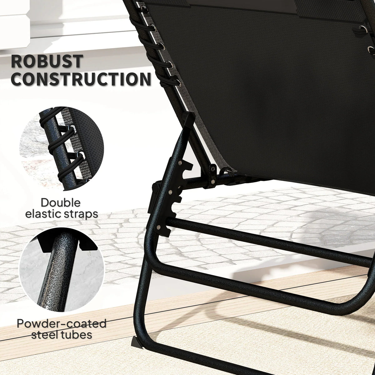Black reclining sun lounger with powder-coated steel frame and double elastic straps