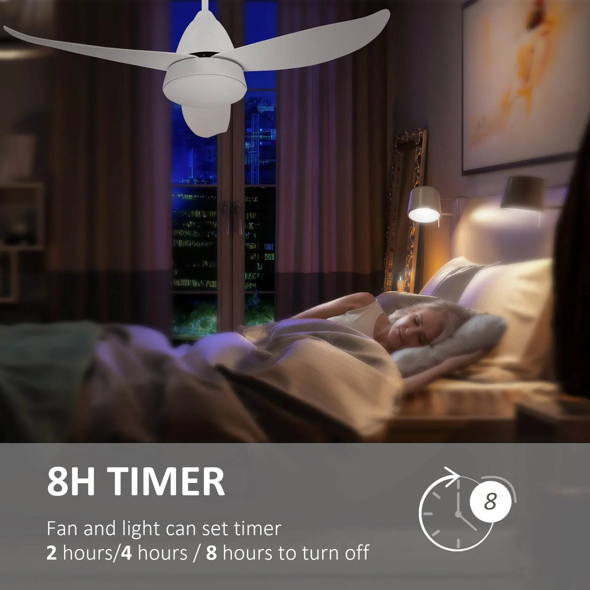 White LED ceiling fan with lit light dome and 8H timer