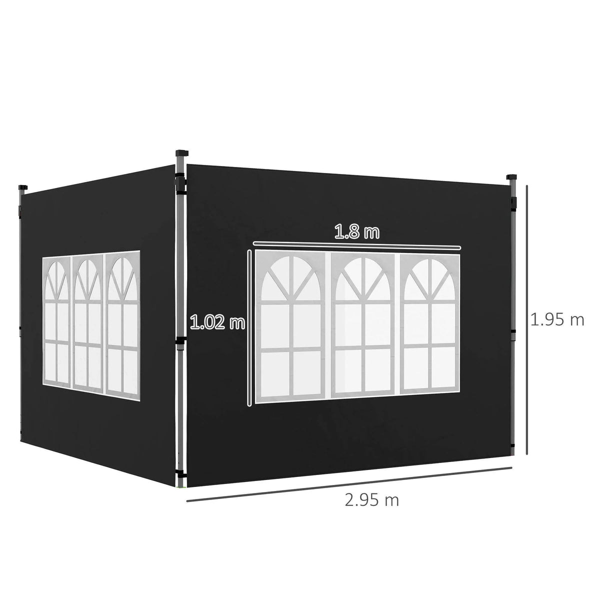 Black gazebo side panel with three arched window sections, measured view