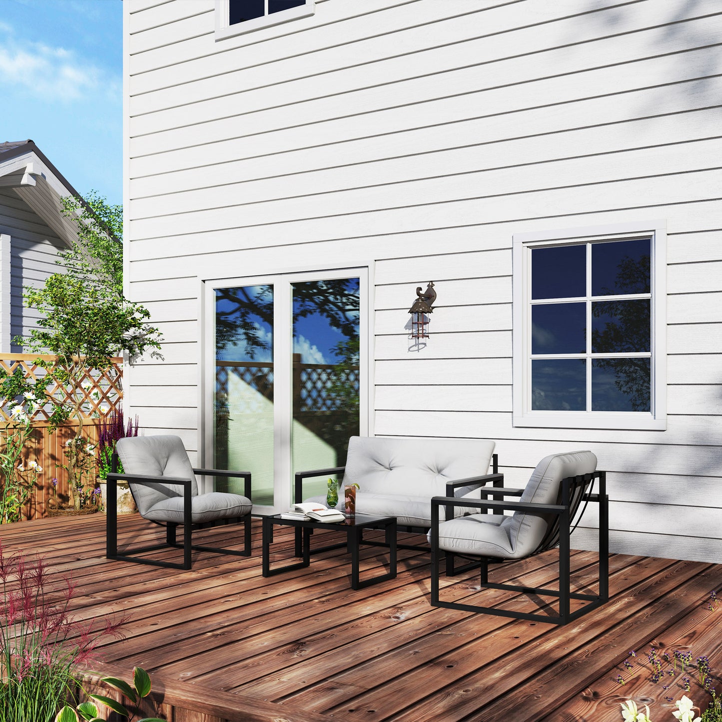 Outsunny 4 Piece Garden Furniture Set With Loveseat Sofa Armchairs Glass Top Coffee Table Cushions Dark Grey