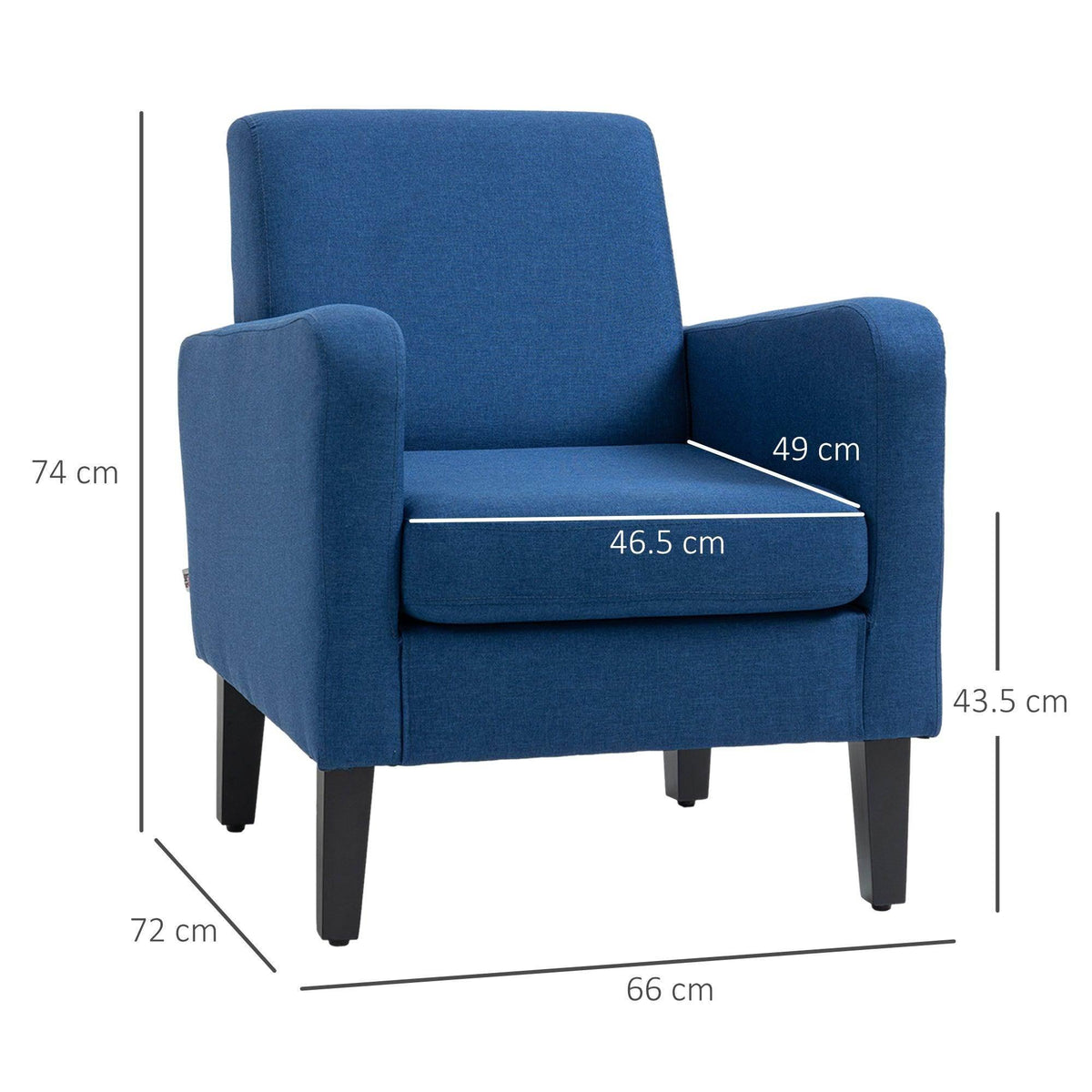 Blue accent armchair with rounded armrests, cushioned seat, and dark legs.