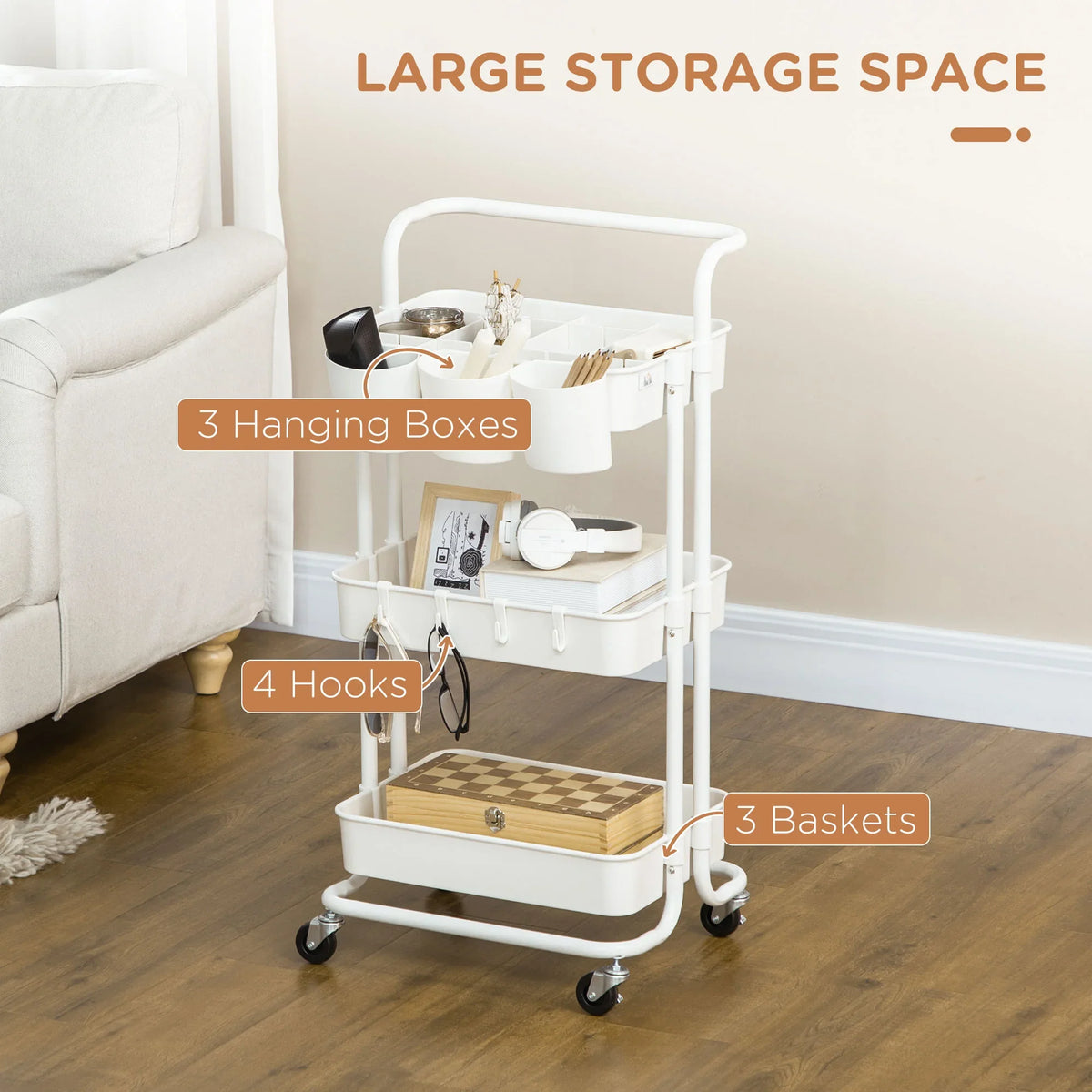 White three-tier trolley cart with hanging boxes, hooks, and three storage baskets