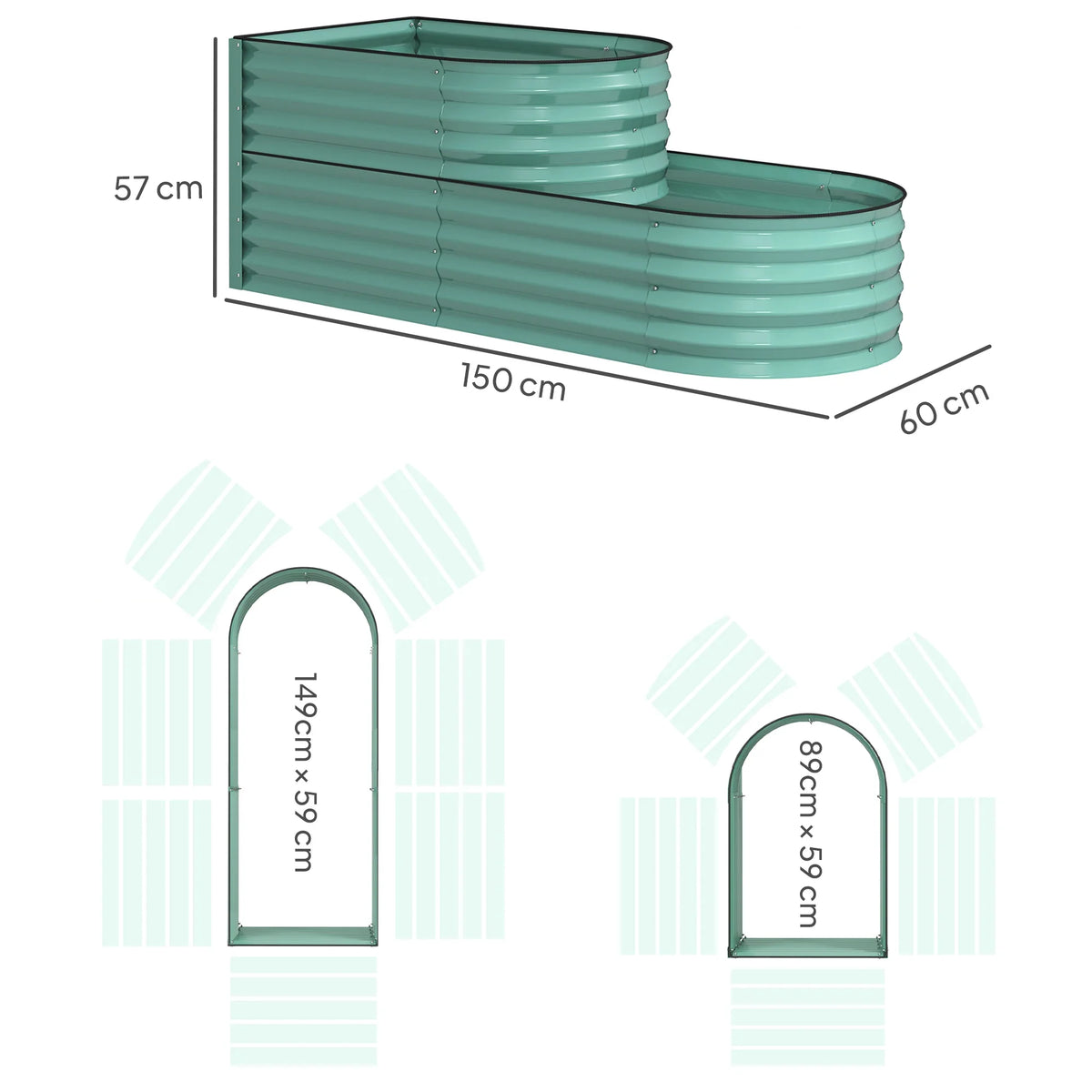 Two-tier dark green galvanized steel planter with open bottom; 150 x 60 x 57 cm