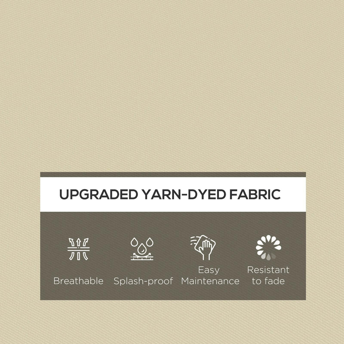 Beige woven cushion fabric panel with icons for breathability and splash resistance
