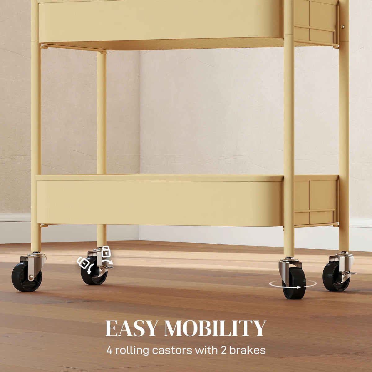 Yellow rolling storage trolley base with four caster wheels and two brake locks