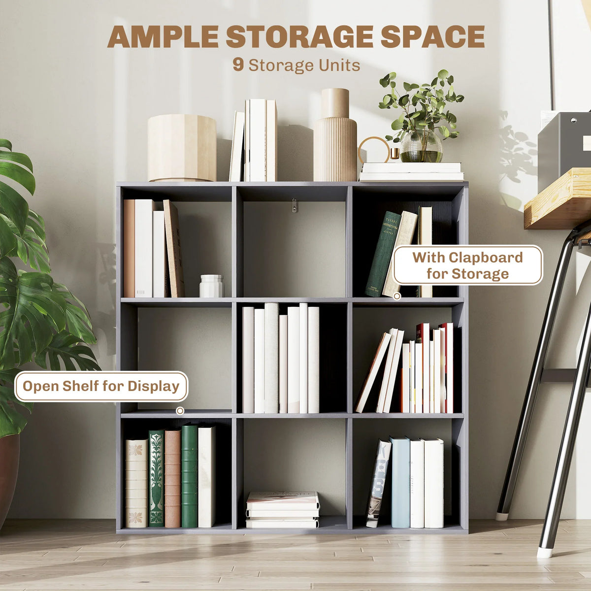 Grey nine-cube book storage shelf with open display cubbies and partitions