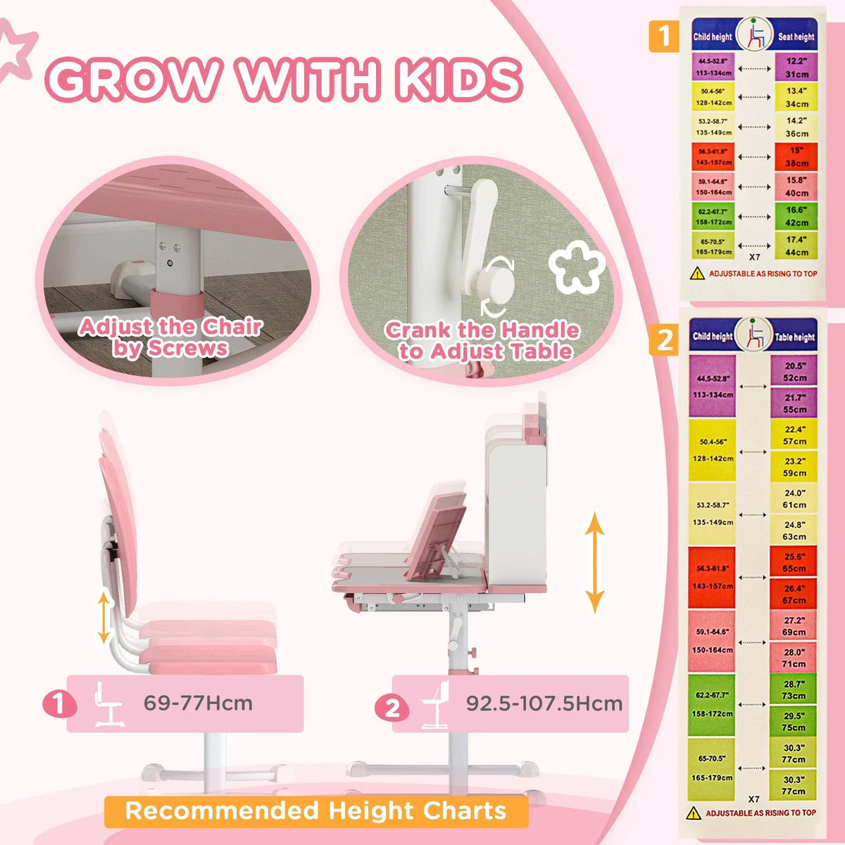 Children's adjustable study desk and chair set in pink with adjustable height chart