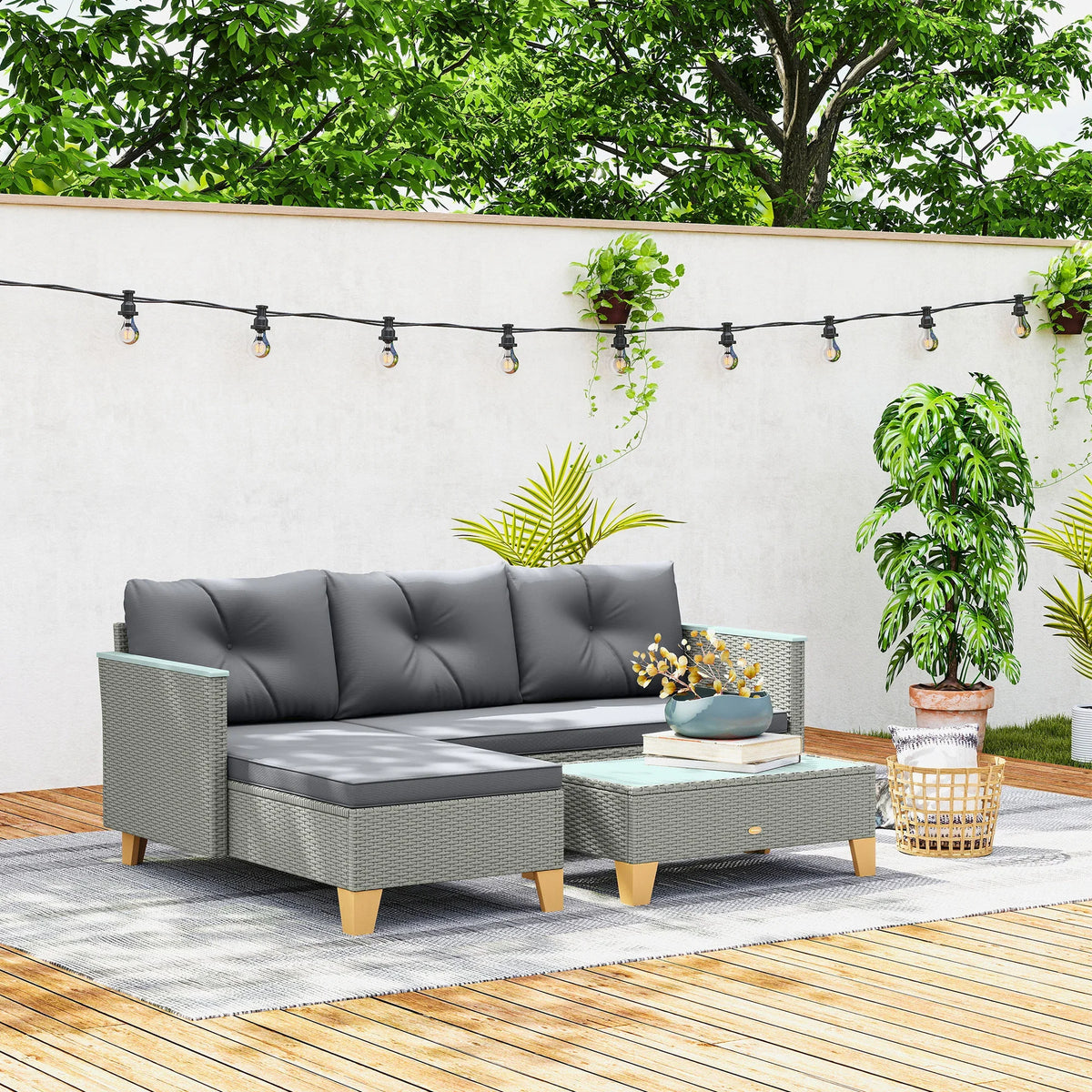 Charcoal gray outdoor rattan corner sofa set with woven coffee table
