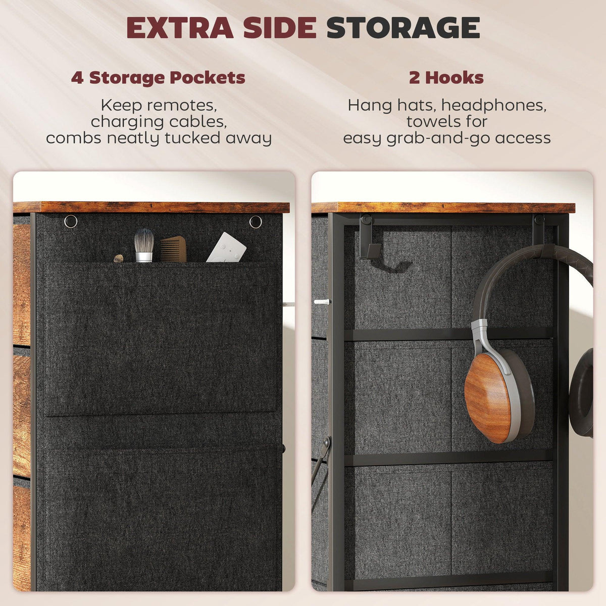 Fabric drawer chest with side storage panels, hooks, and fabric pockets for accessories