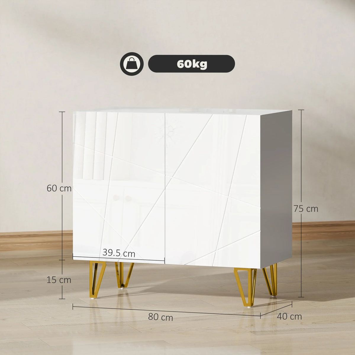 White glossy sideboard with two-door front and gold hairpin legs, angled view.
