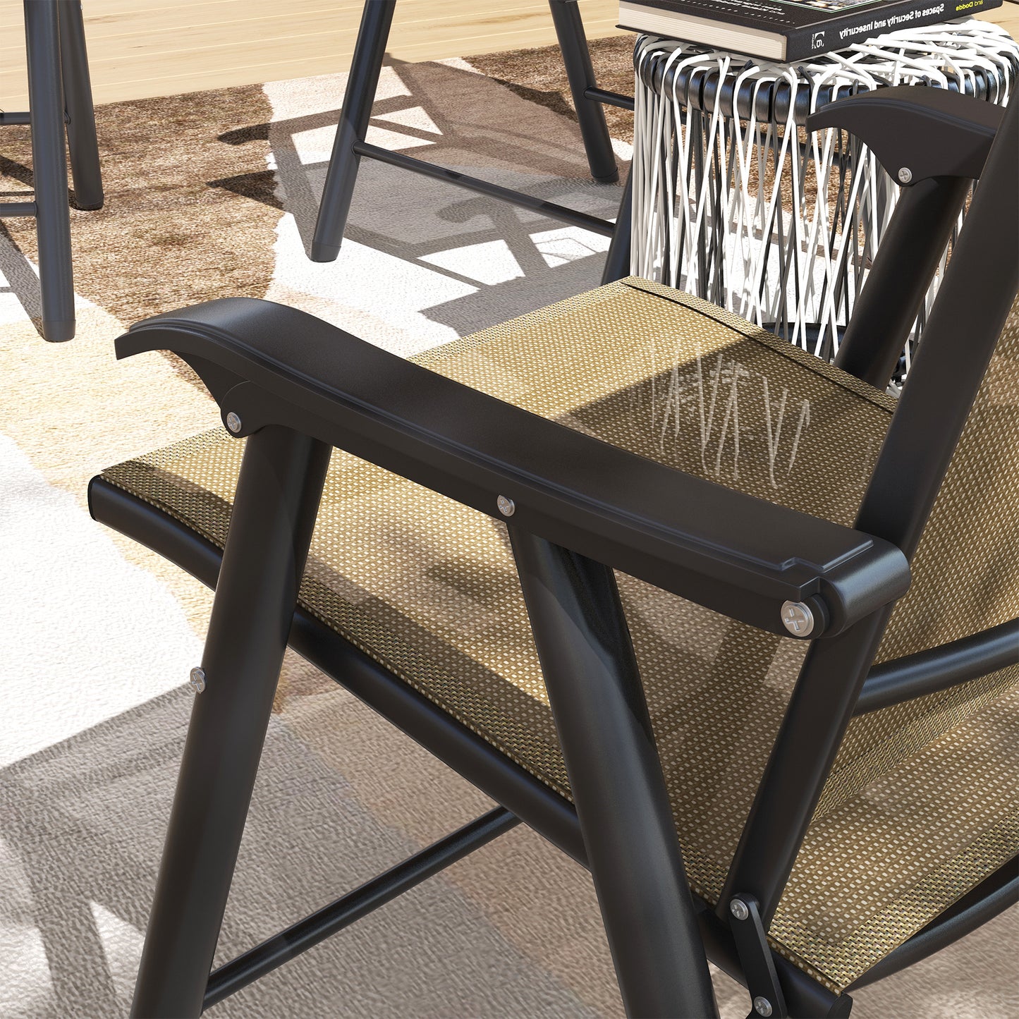 Outsunny Set of Four Folding Garden Chairs Light Brown with Breathable Textilene Panels and Powder Coated Metal Frames