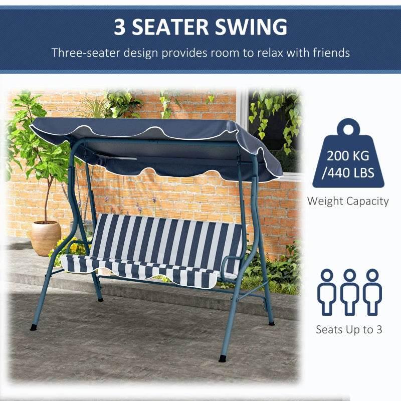 3-seat outdoor swing bench with adjustable navy canopy and blue-and-white striped seat cushions