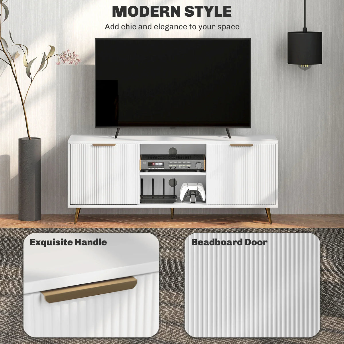 White TV stand with ribbed doors, center media shelf, and gold-tone tapered legs