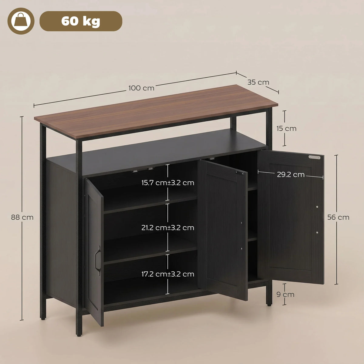Industrial sideboard with two cabinets and open shelf, shown with dimensions and weight