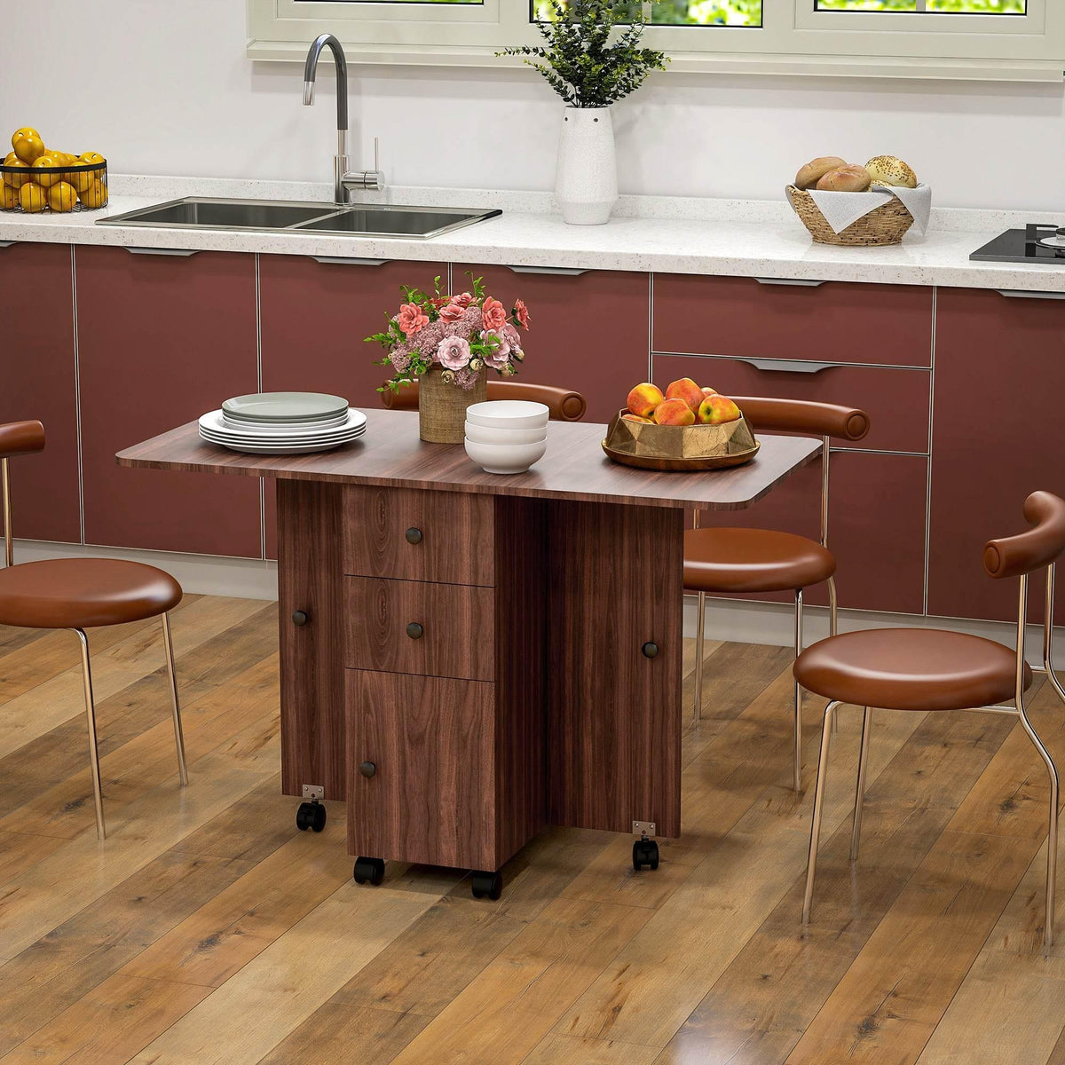 Rustic brown drop-leaf dining table with cabinet storage and drawer fronts on wheels