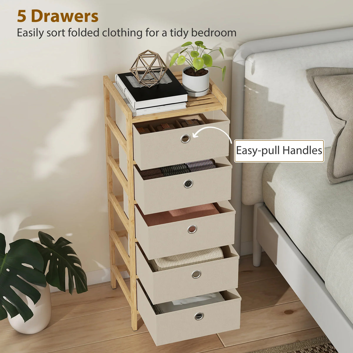 Five-drawer fabric chest with bamboo frame and easy-pull round handles, cream drawers.