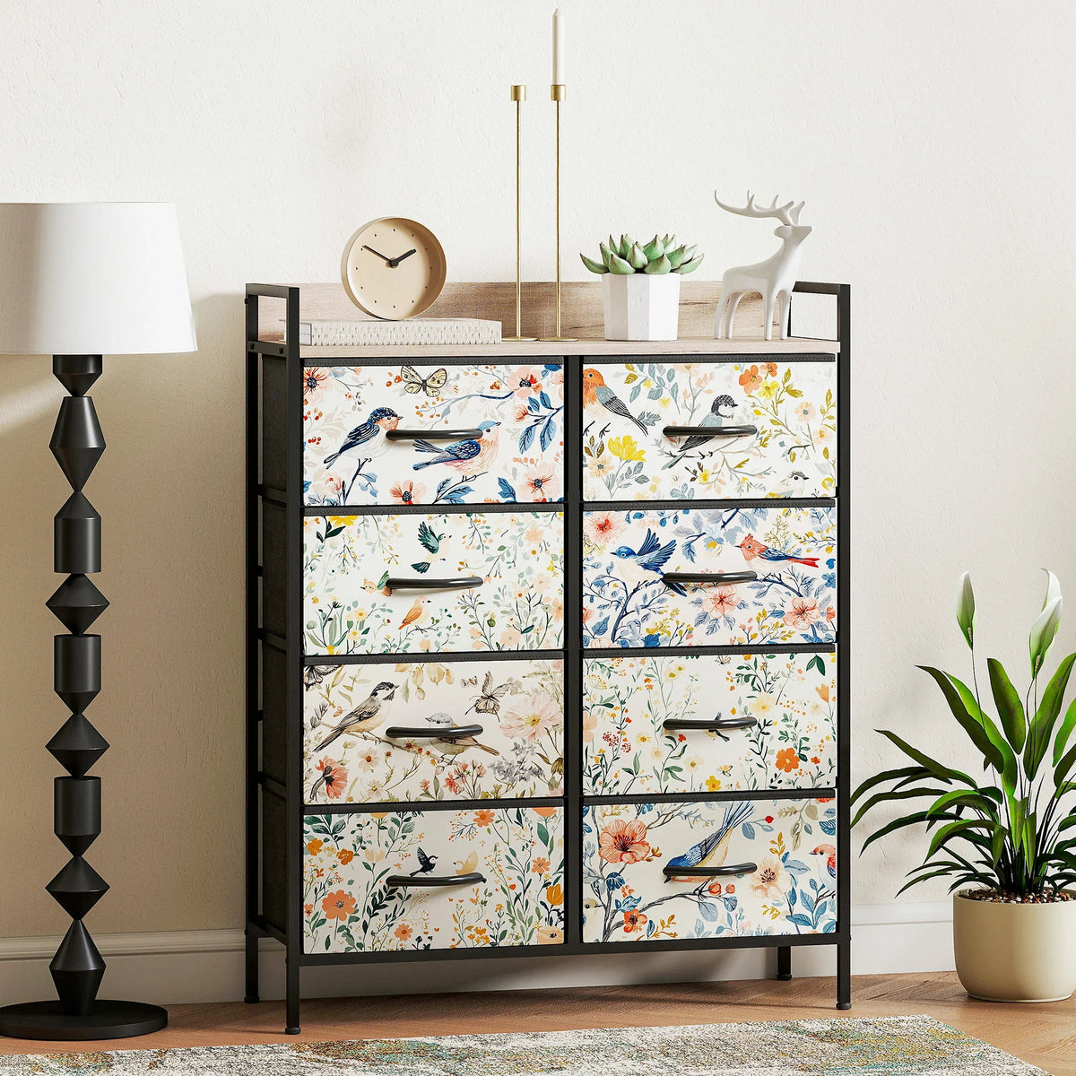 Black fabric chest of drawers with eight floral bird patterned foldable drawers