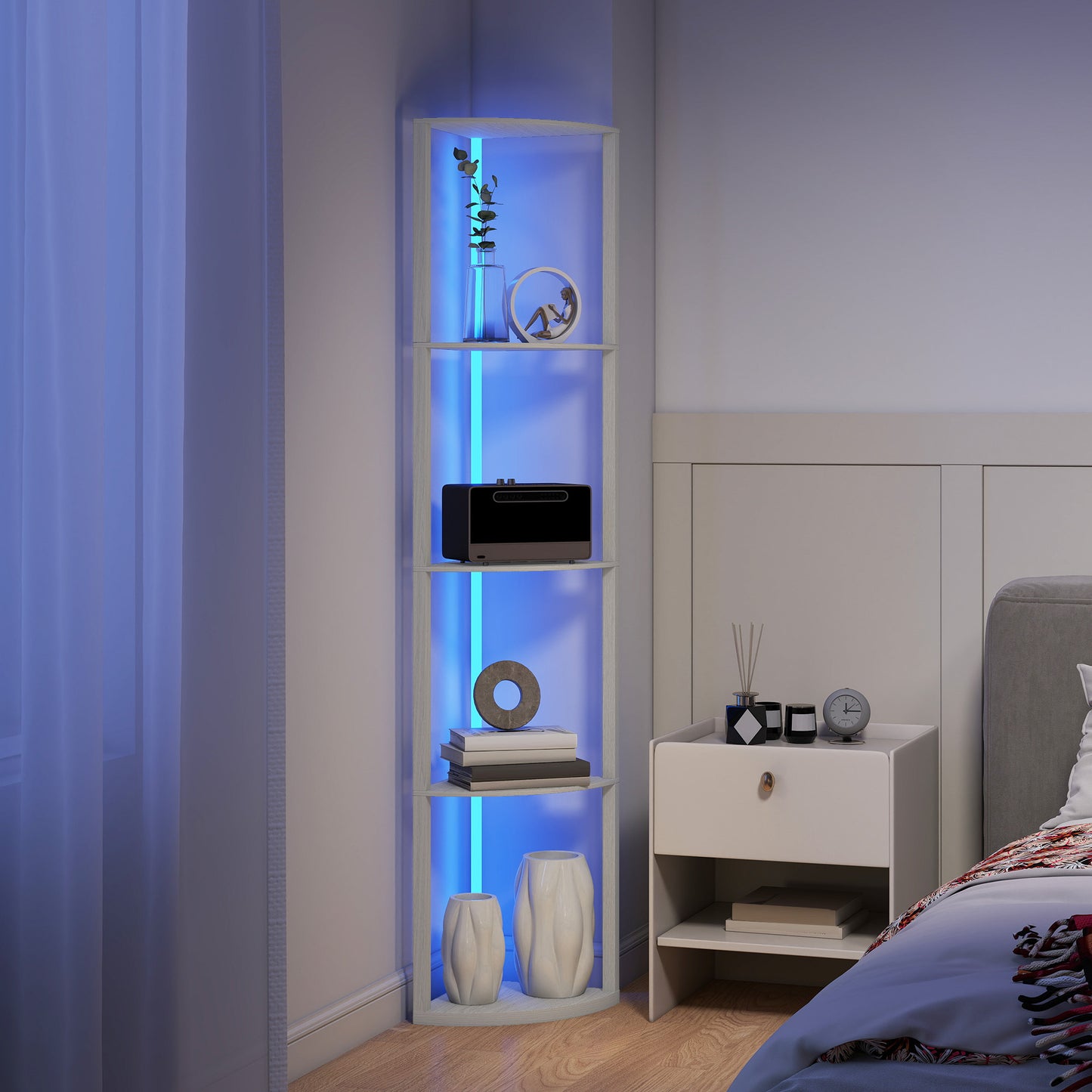 HOMCOM RGB LED Floor Lamp With Shelves Oak Finish 4 Tier Dimmable Standing Lamp With Remote Control