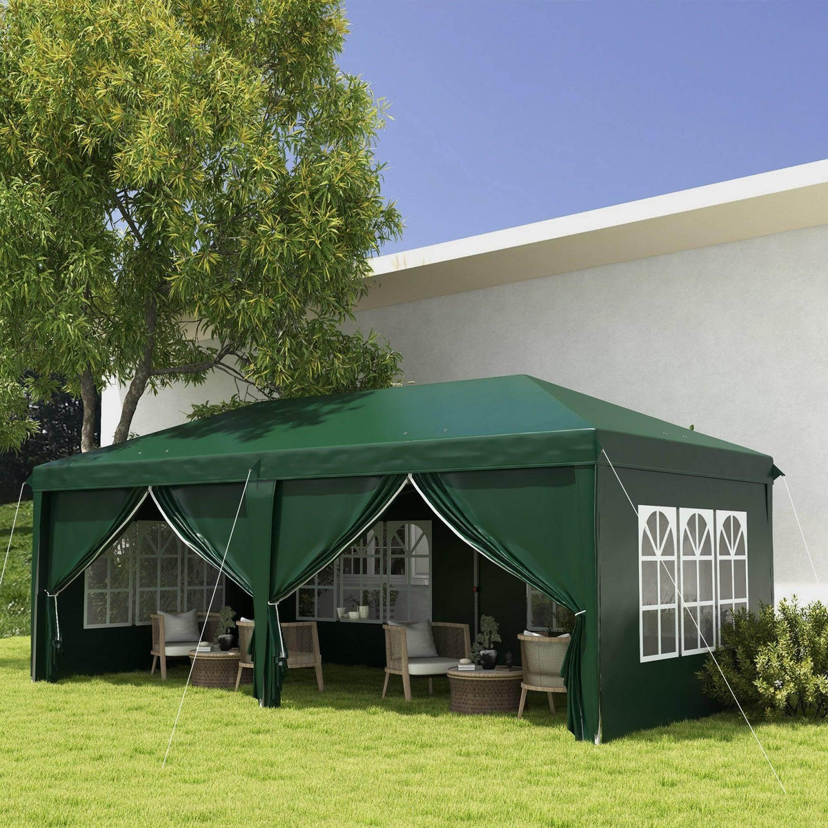 Green pop-up gazebo tent with sidewalls and window panels